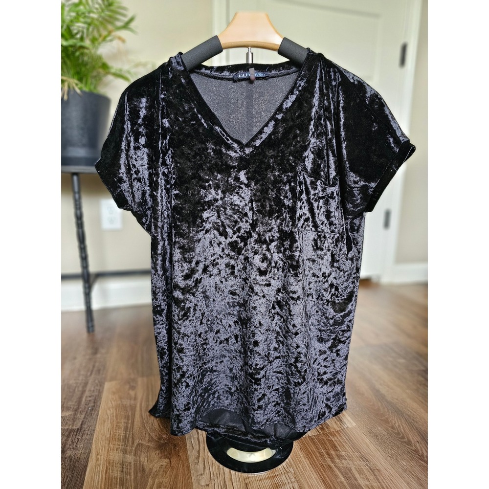 Womens Black‎ Crushed Velvet V-Neck Pocket Shirt 90s Whimsigoth Medium